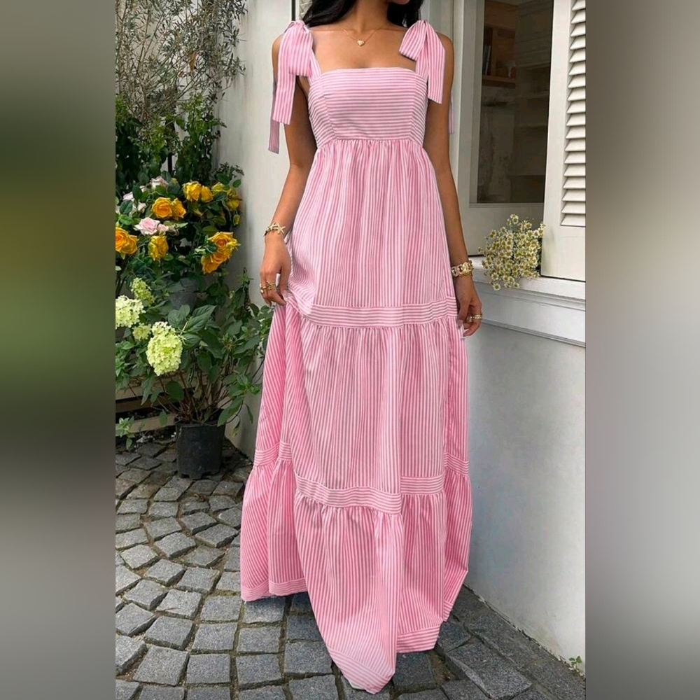 New Boho Striped Tie Shoulder Tiered Maxi Dress Pink White
